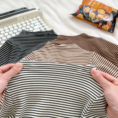 長袖Tシャツ ベビーキッズトップス ボーダーシンプルベーシックハイネックボトルネックTシャツ【mh0007729】