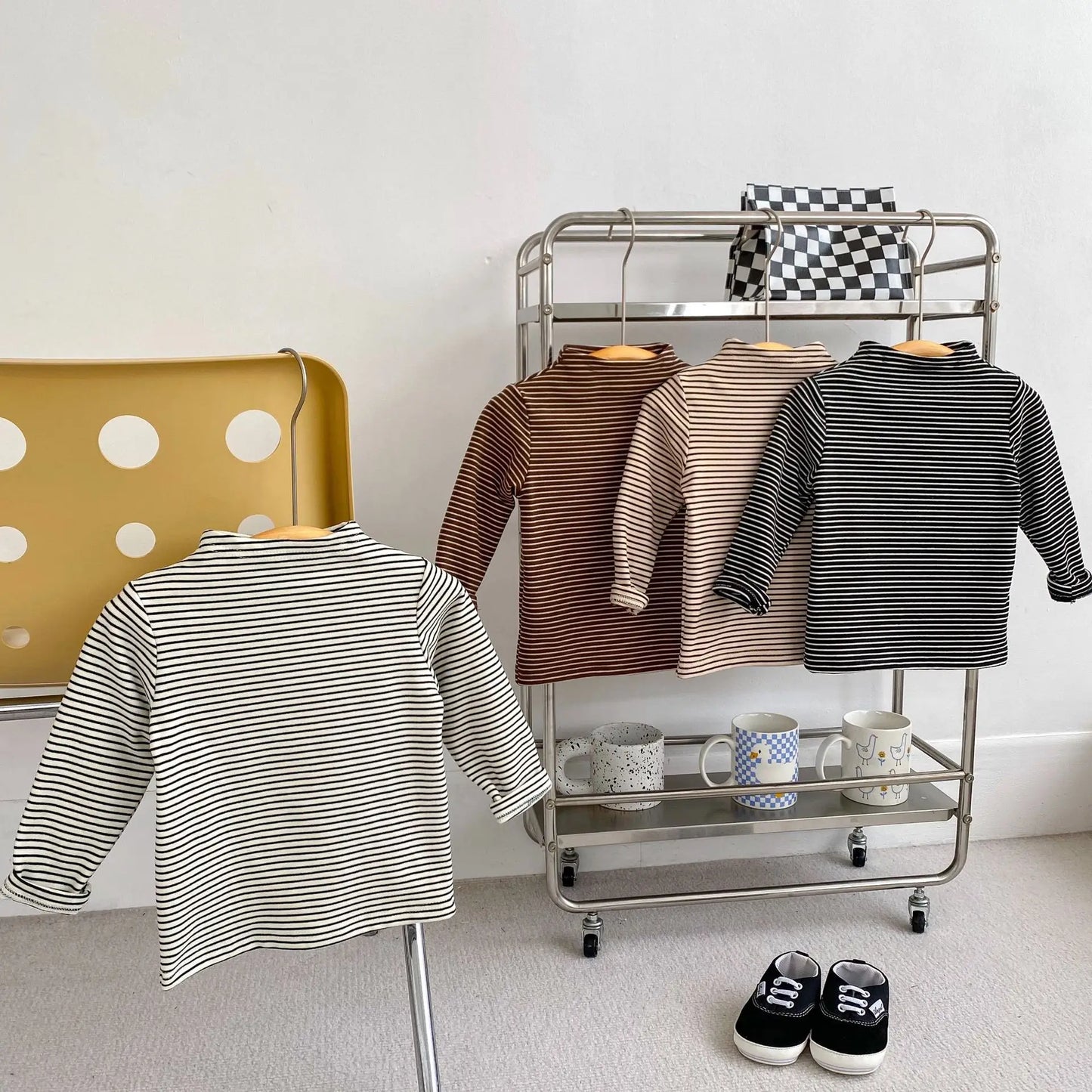 長袖Tシャツ ベビーキッズトップス ボーダーシンプルベーシックハイネックボトルネックTシャツ【mh0007729】