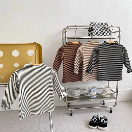 長袖Tシャツ ベビーキッズトップス ボーダーシンプルベーシックハイネックボトルネックTシャツ【mh0007729】