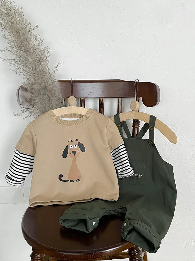 長袖Tシャツ ベビーキッズトップス ボーダー袖ドッキング犬ドッグプリント長袖Tシャツ【mh0007738】