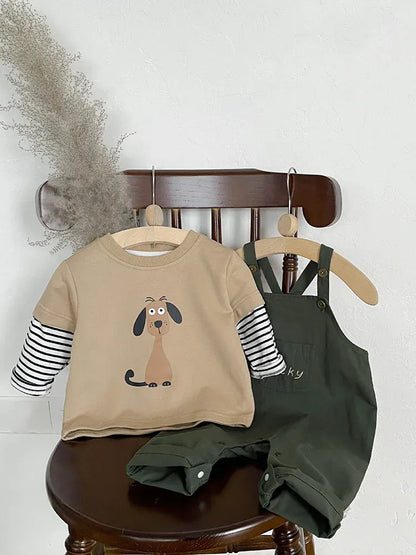 長袖Tシャツ ベビーキッズトップス ボーダー袖ドッキング犬ドッグプリント長袖Tシャツ【mh0007738】