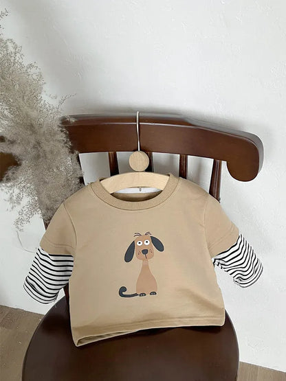 長袖Tシャツ ベビーキッズトップス ボーダー袖ドッキング犬ドッグプリント長袖Tシャツ【mh0007738】