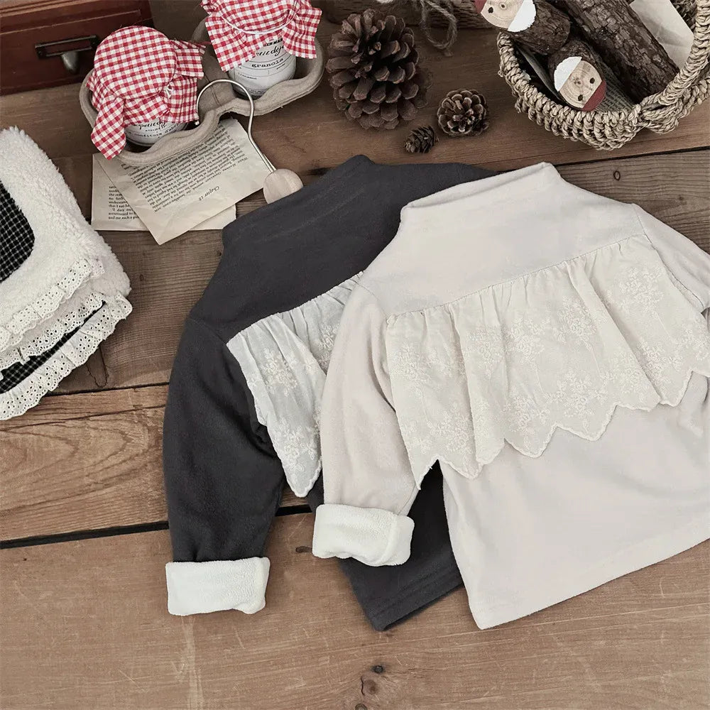 長袖Tシャツ ベビートップス レースフリルフリースハイネック長袖Tシャツ【mh0007773】