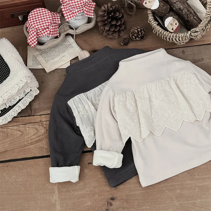 長袖Tシャツ ベビートップス レースフリルフリースハイネック長袖Tシャツ【mh0007773】