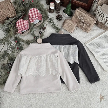 長袖Tシャツ ベビートップス レースフリルフリースハイネック長袖Tシャツ【mh0007773】