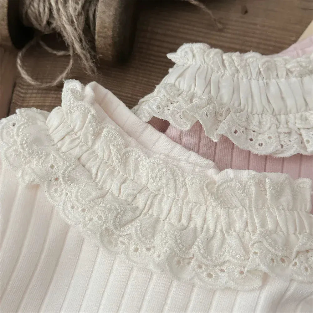 長袖Tシャツ ベビートップス ネック袖レースフリル裏フリース厚手長袖カットソーTシャツ【mh0007832】