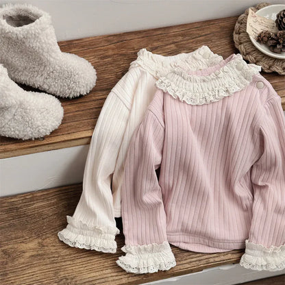 長袖Tシャツ ベビートップス ネック袖レースフリル裏フリース厚手長袖カットソーTシャツ【mh0007832】