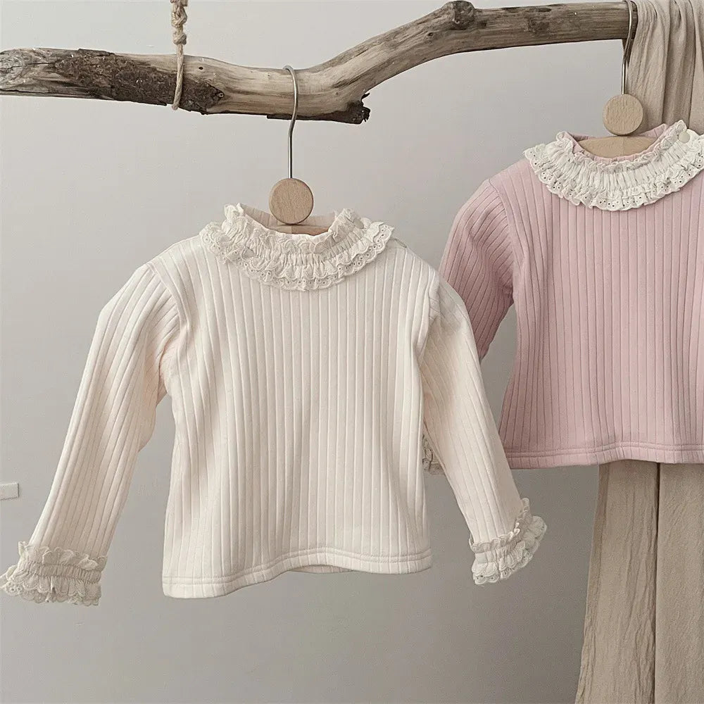 長袖Tシャツ ベビートップス ネック袖レースフリル裏フリース厚手長袖カットソーTシャツ【mh0007832】