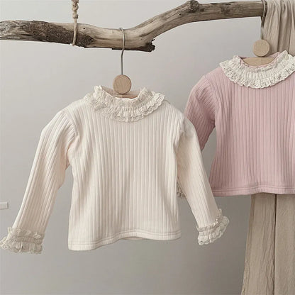 長袖Tシャツ ベビートップス ネック袖レースフリル裏フリース厚手長袖カットソーTシャツ【mh0007832】