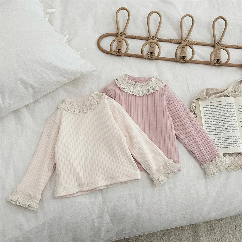 長袖Tシャツ ベビートップス ネック袖レースフリル裏フリース厚手長袖カットソーTシャツ【mh0007832】