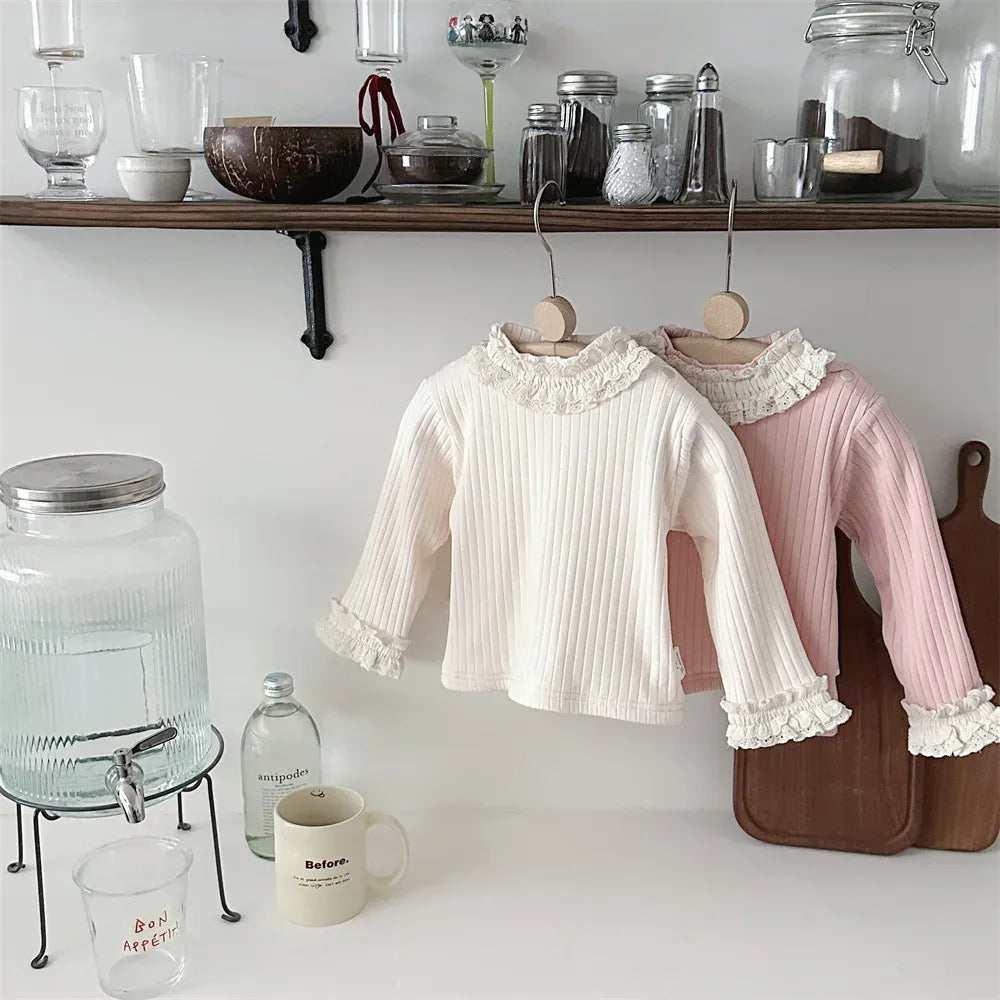 長袖Tシャツ ベビートップス ネック袖レースフリル裏フリース厚手長袖カットソーTシャツ【mh0007832】