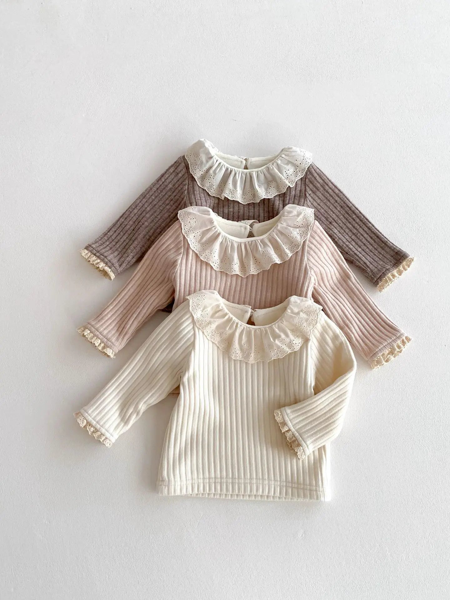 長袖Tシャツ ベビートップス ラッフルレース襟裏フリース厚手長袖Tシャツ【mh0007862】