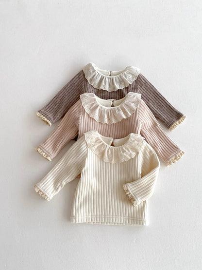 長袖Tシャツ ベビートップス ラッフルレース襟裏フリース厚手長袖Tシャツ【mh0007862】