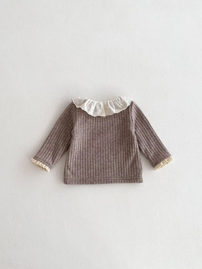 長袖Tシャツ ベビートップス ラッフルレース襟裏フリース厚手長袖Tシャツ【mh0007862】