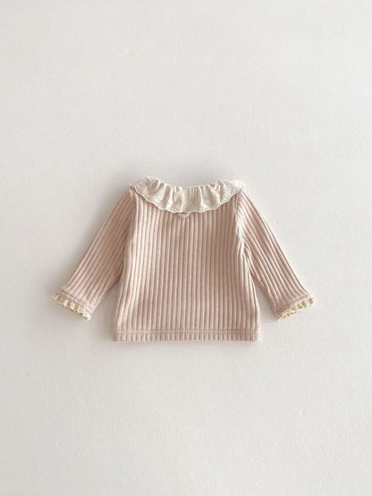 長袖Tシャツ ベビートップス ラッフルレース襟裏フリース厚手長袖Tシャツ【mh0007862】