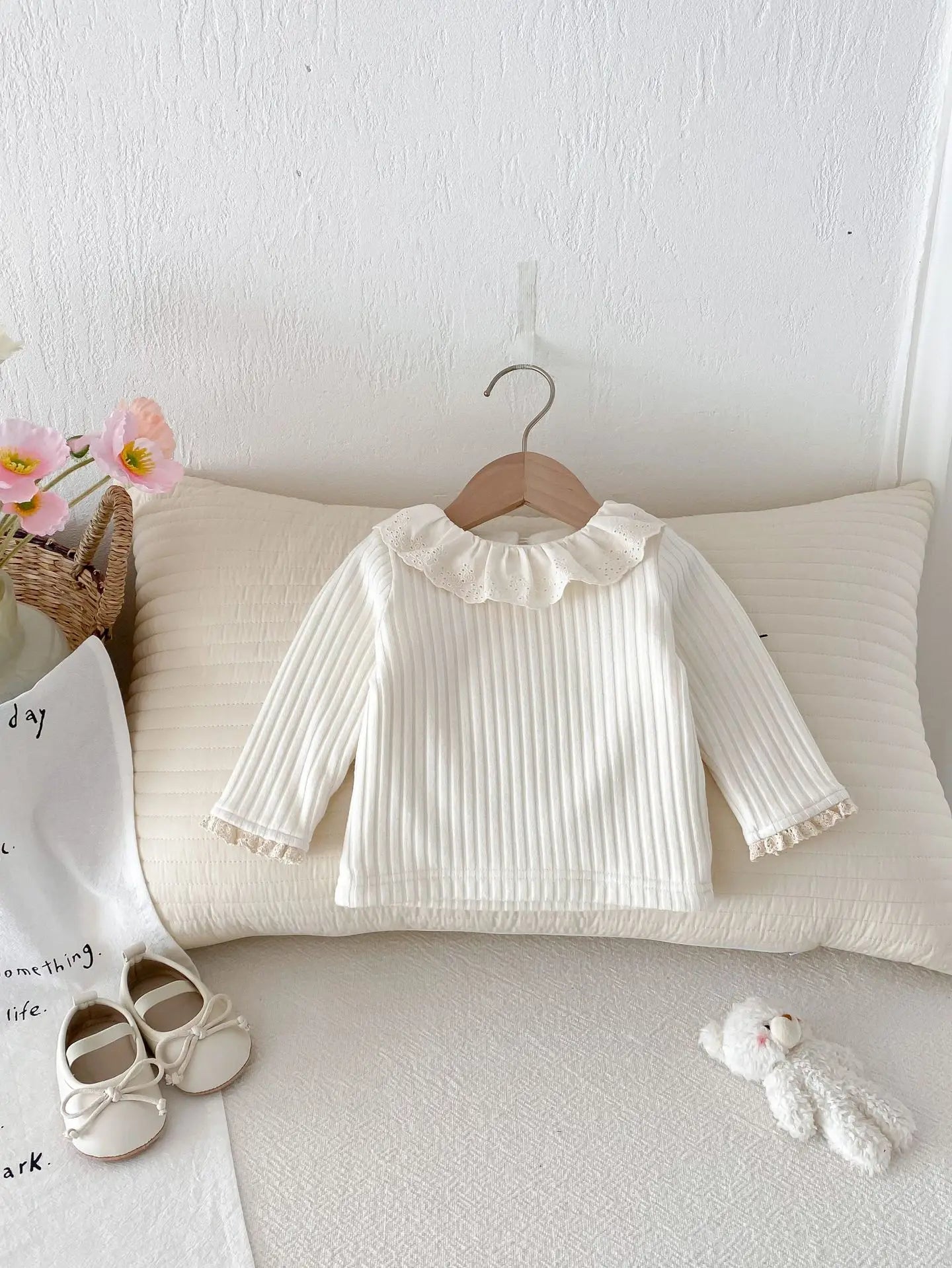 長袖Tシャツ ベビートップス ラッフルレース襟裏フリース厚手長袖Tシャツ【mh0007862】