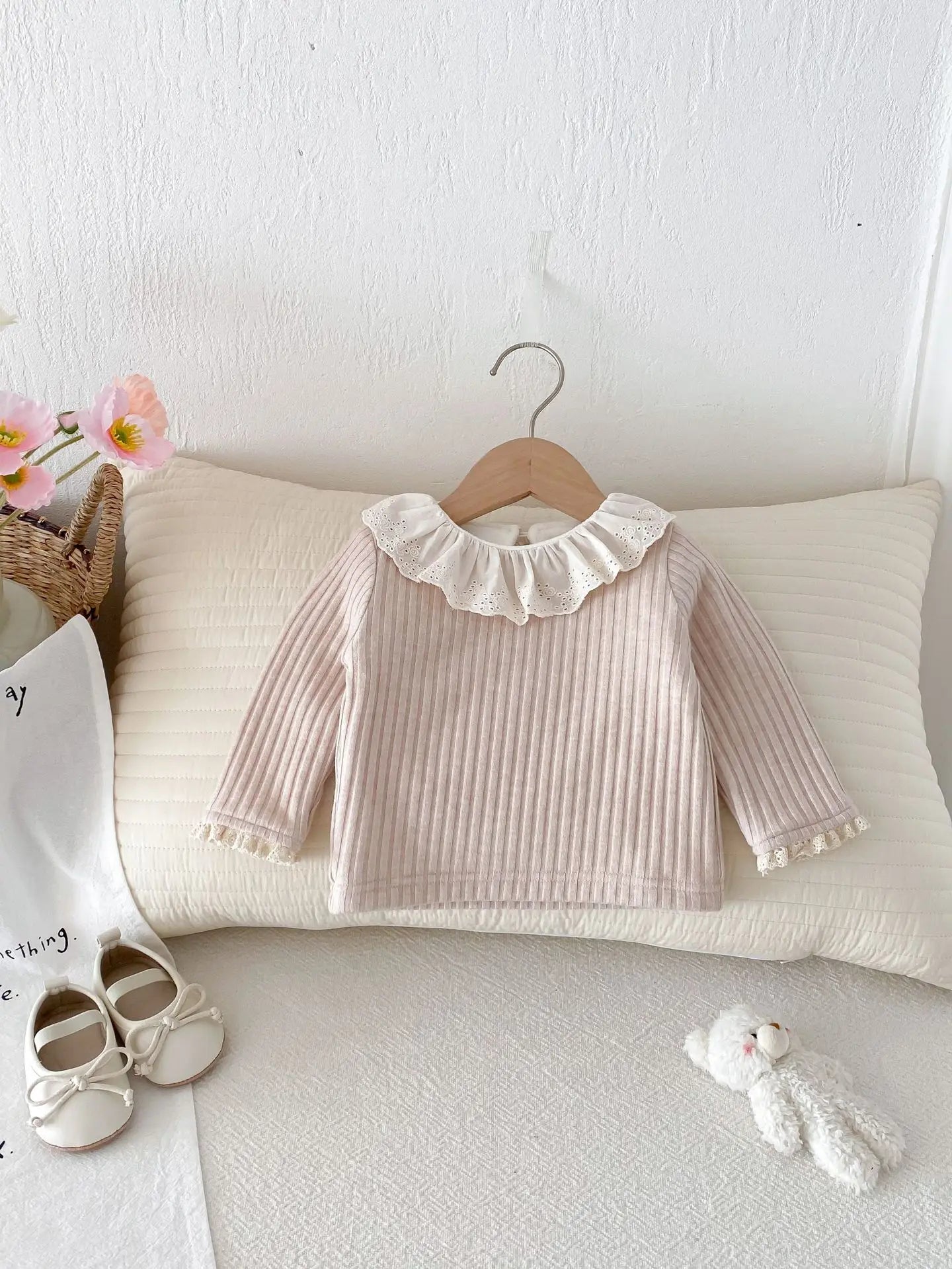 長袖Tシャツ ベビートップス ラッフルレース襟裏フリース厚手長袖Tシャツ【mh0007862】