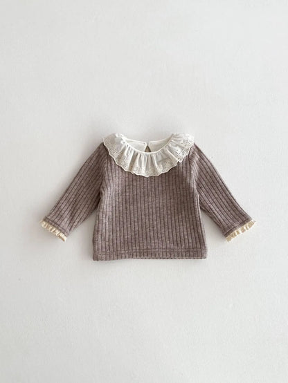 長袖Tシャツ ベビートップス ラッフルレース襟裏フリース厚手長袖Tシャツ【mh0007862】