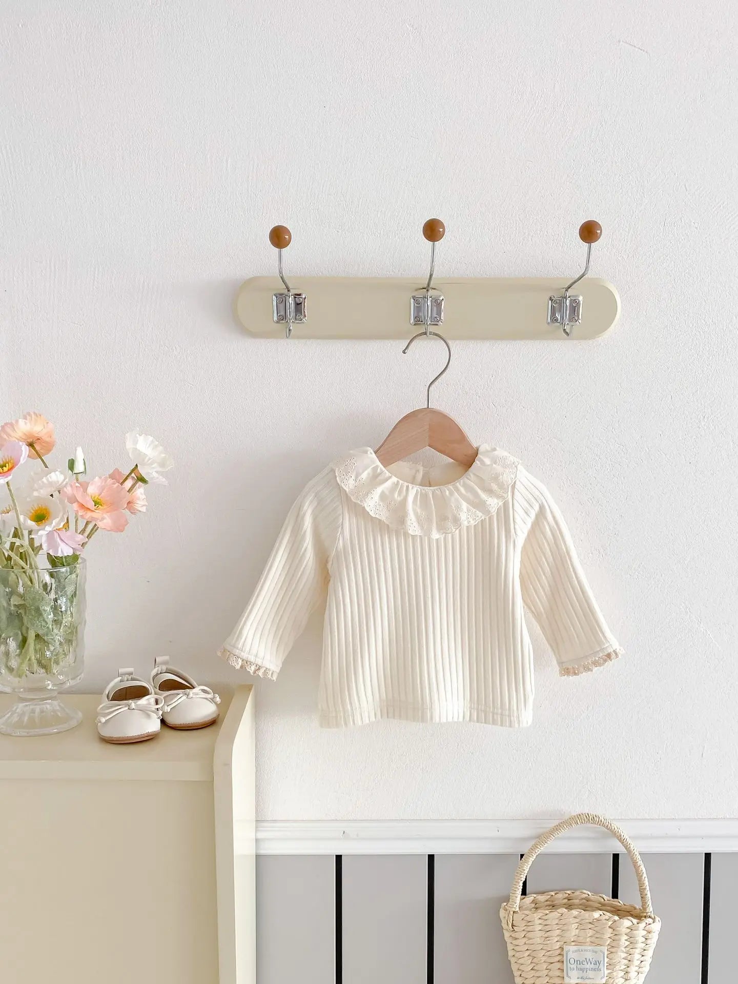 長袖Tシャツ ベビートップス ラッフルレース襟裏フリース厚手長袖Tシャツ【mh0007862】