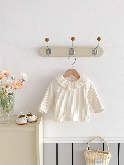 長袖Tシャツ ベビートップス ラッフルレース襟裏フリース厚手長袖Tシャツ【mh0007862】