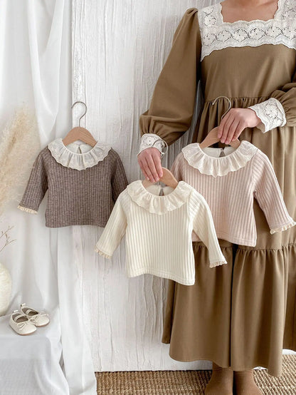 長袖Tシャツ ベビートップス ラッフルレース襟裏フリース厚手長袖Tシャツ【mh0007862】