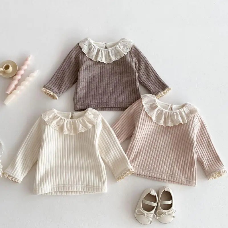 長袖Tシャツ ベビートップス ラッフルレース襟裏フリース厚手長袖Tシャツ【mh0007862】