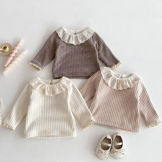 長袖Tシャツ ベビートップス ラッフルレース襟裏フリース厚手長袖Tシャツ【mh0007862】