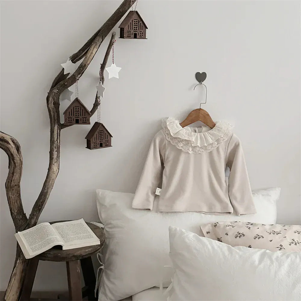 長袖Tシャツ ベビートップス レースフリルダブルラッフル襟長袖Tシャツブラウス【mh0008013】