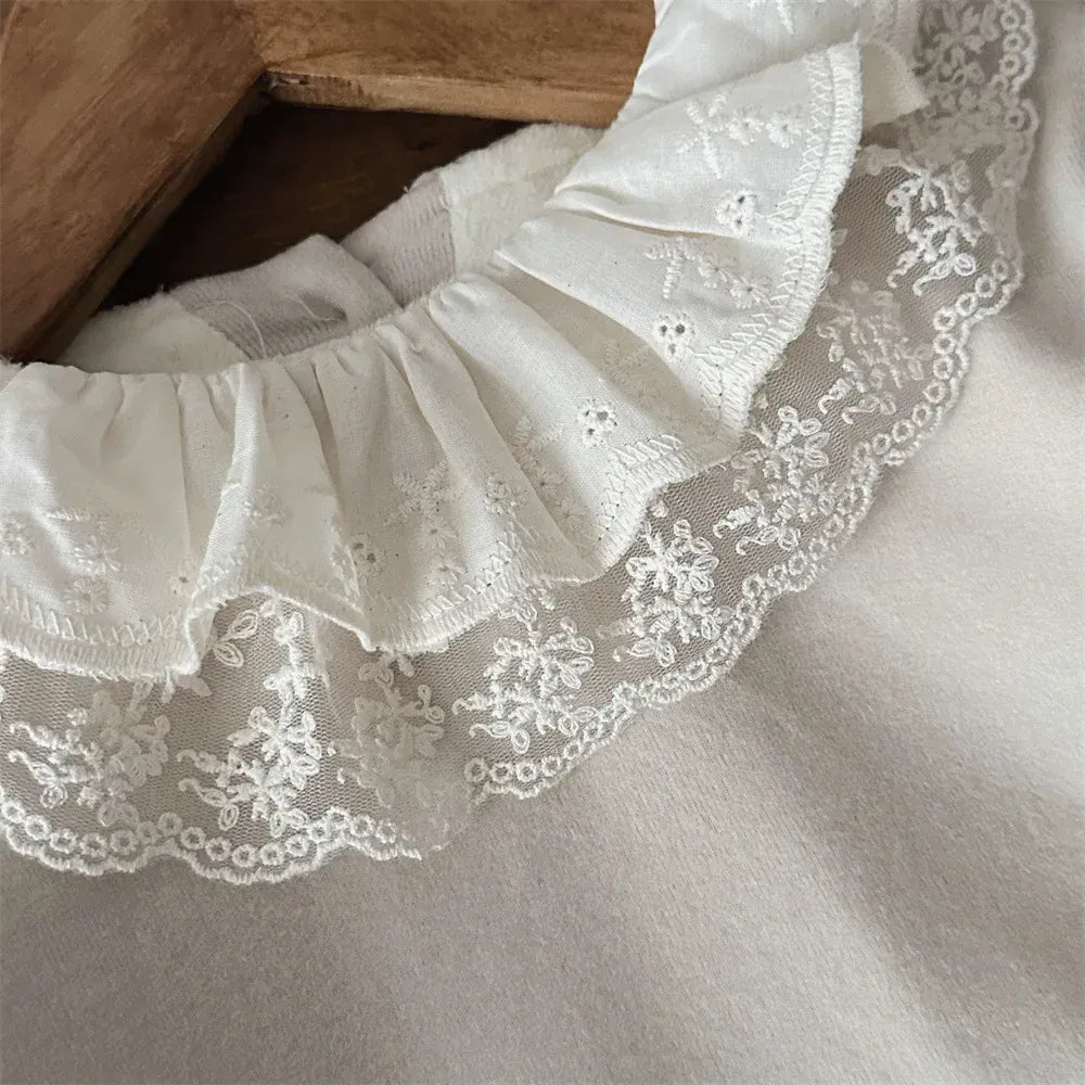 長袖Tシャツ ベビートップス レースフリルダブルラッフル襟長袖Tシャツブラウス【mh0008013】