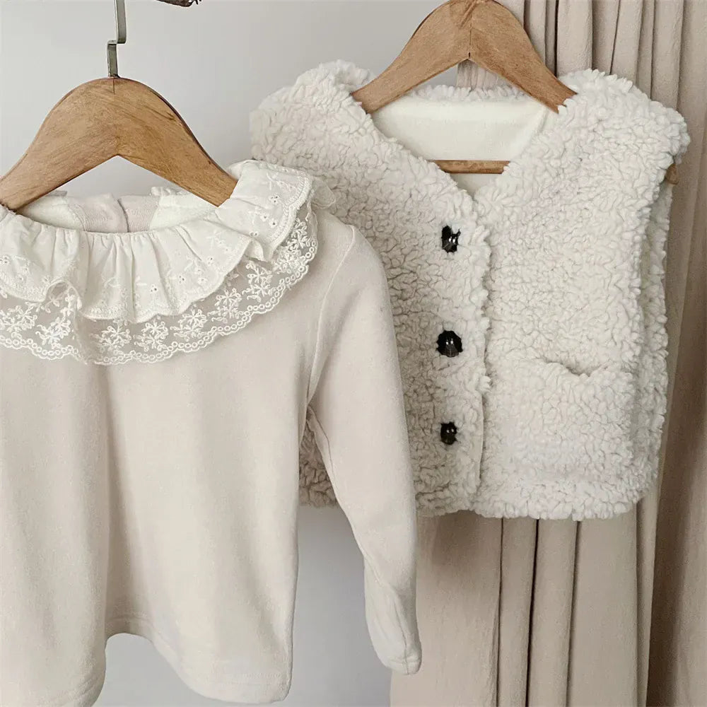 長袖Tシャツ ベビートップス レースフリルダブルラッフル襟長袖Tシャツブラウス【mh0008013】