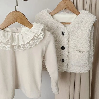 長袖Tシャツ ベビートップス レースフリルダブルラッフル襟長袖Tシャツブラウス【mh0008013】