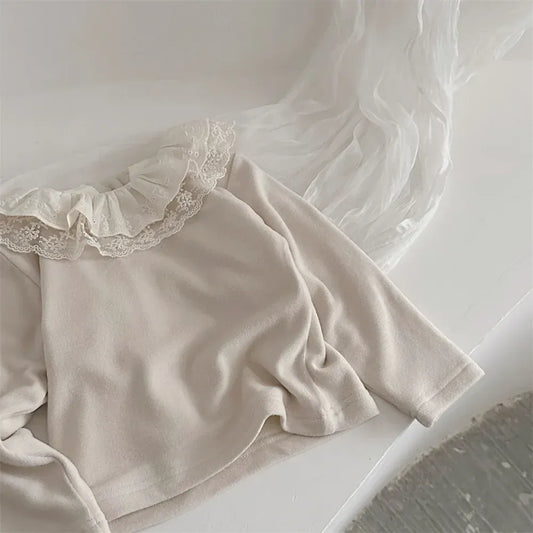 長袖Tシャツ ベビートップス レースフリルダブルラッフル襟長袖Tシャツブラウス【mh0008013】