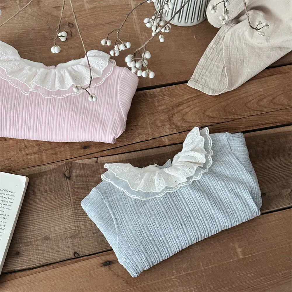 長袖Tシャツ ベビートップス レースフリルダブルラッフル襟長袖リブTシャツブラウス【mh0008027】