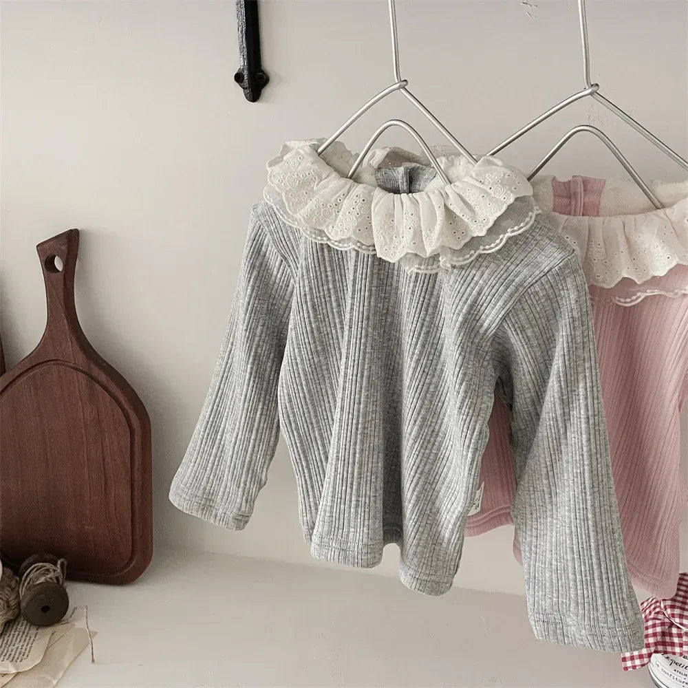 長袖Tシャツ ベビートップス レースフリルダブルラッフル襟長袖リブTシャツブラウス【mh0008027】