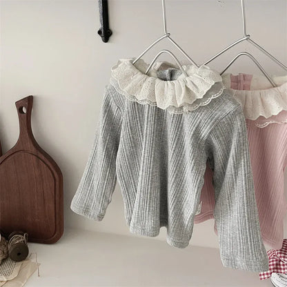 長袖Tシャツ ベビートップス レースフリルダブルラッフル襟長袖リブTシャツブラウス【mh0008027】