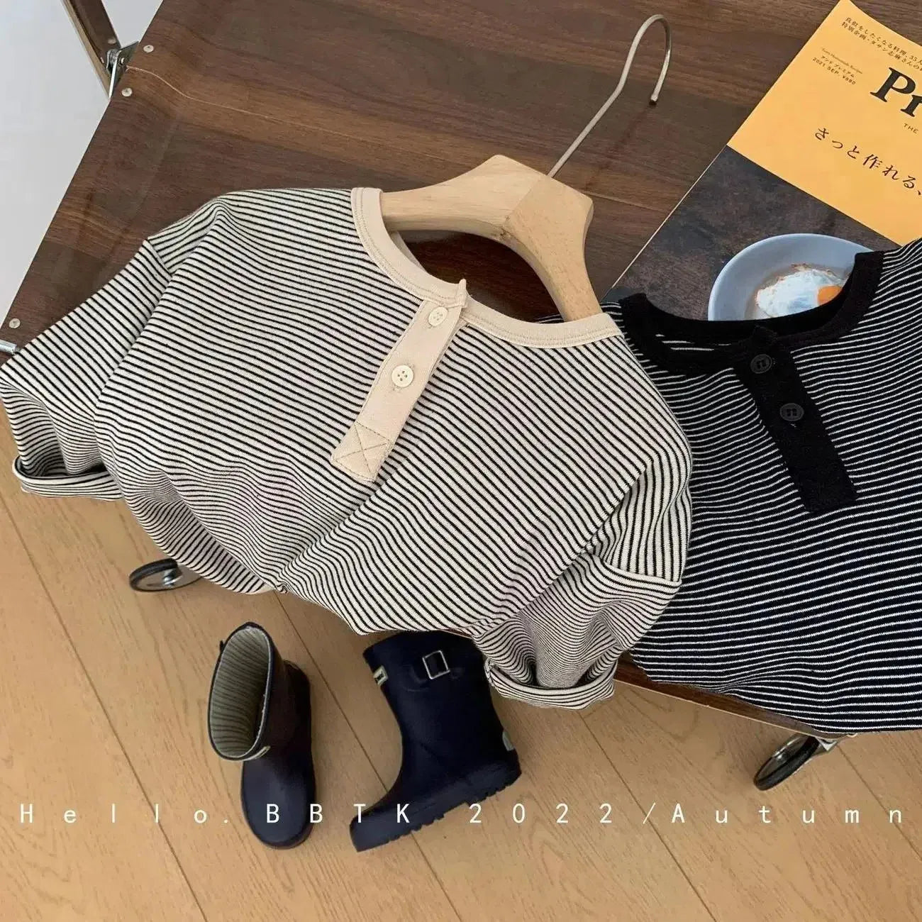 長袖Tシャツ キッズトップス ボーダーヘンリーネック長袖Tシャツ【mh0008035】