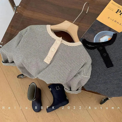 長袖Tシャツ キッズトップス ボーダーヘンリーネック長袖Tシャツ【mh0008035】