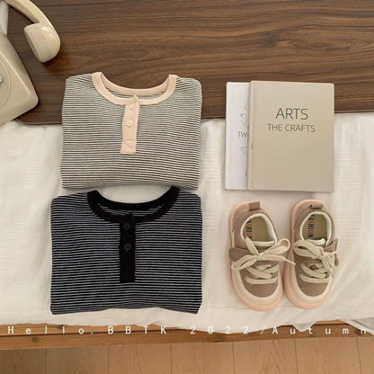 長袖Tシャツ キッズトップス ボーダーヘンリーネック長袖Tシャツ【mh0008035】