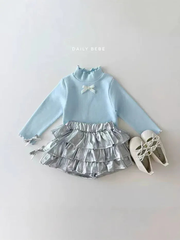 長袖Tシャツ キッズトップス フリルスタンドカラーリボン長袖カットソーTシャツ【mh0008128】