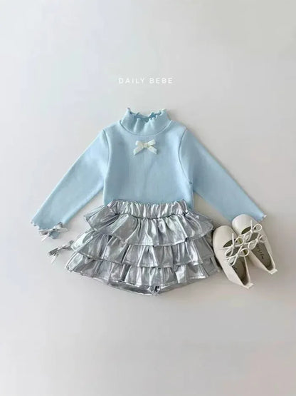 長袖Tシャツ キッズトップス フリルスタンドカラーリボン長袖カットソーTシャツ【mh0008128】