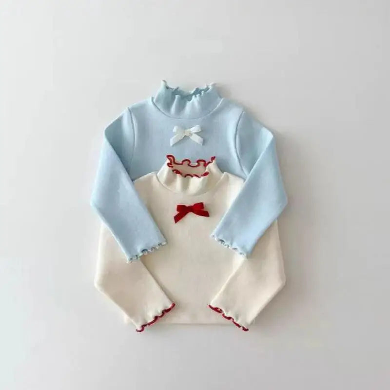 長袖Tシャツ キッズトップス フリルスタンドカラーリボン長袖カットソーTシャツ【mh0008128】