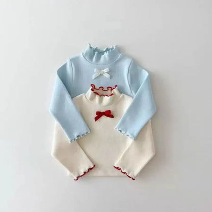 長袖Tシャツ キッズトップス フリルスタンドカラーリボン長袖カットソーTシャツ【mh0008128】