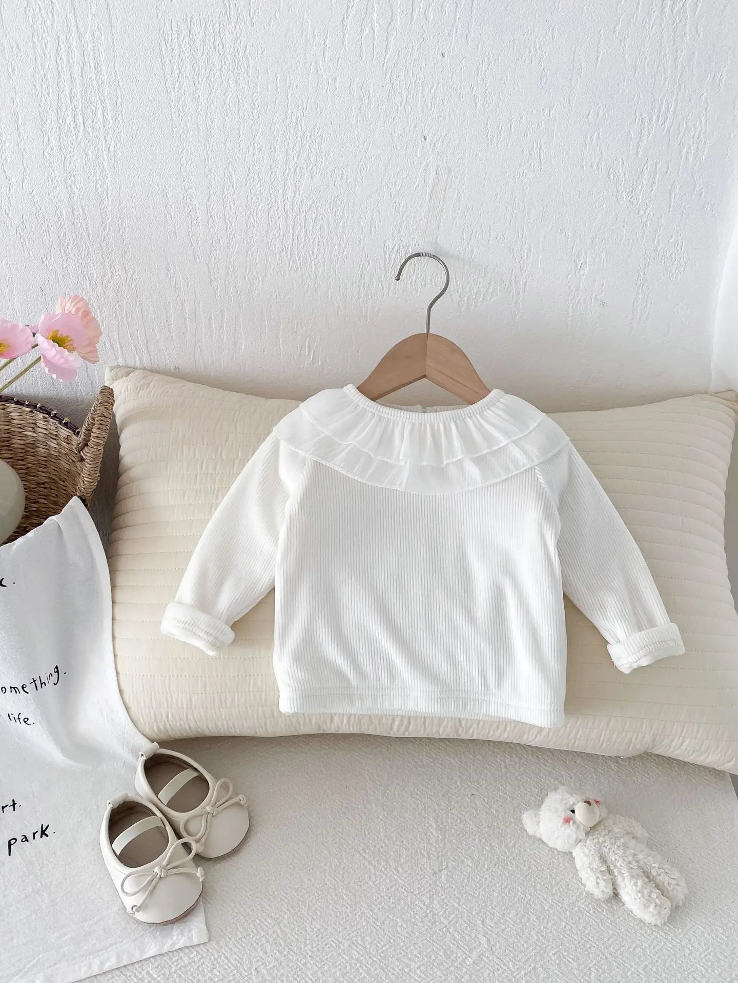 長袖Tシャツ ベビートップス ダブルラッフル襟裏フリース長袖Tシャツブラウス【mh0008206】