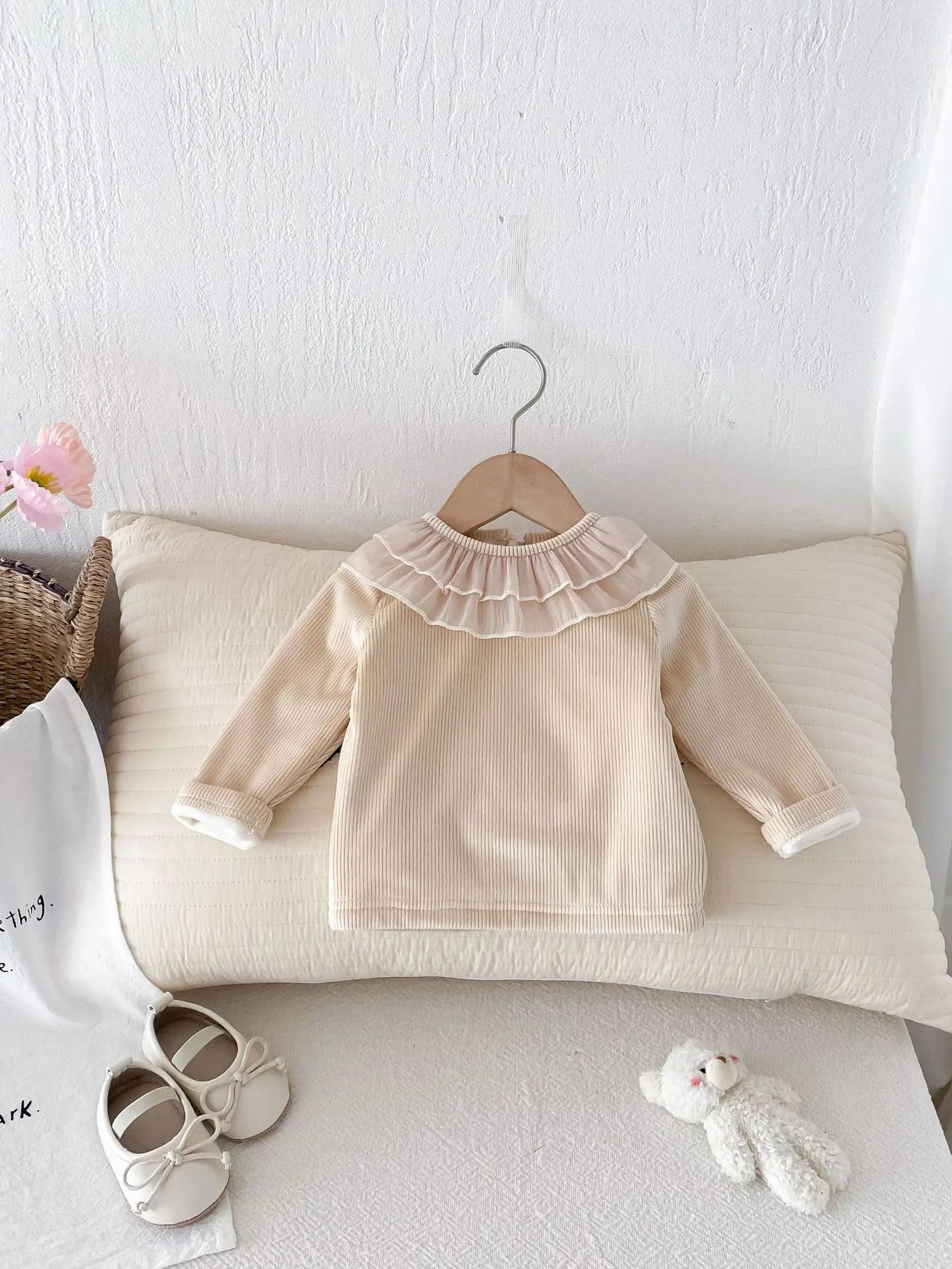 長袖Tシャツ ベビートップス ダブルラッフル襟裏フリース長袖Tシャツブラウス【mh0008206】