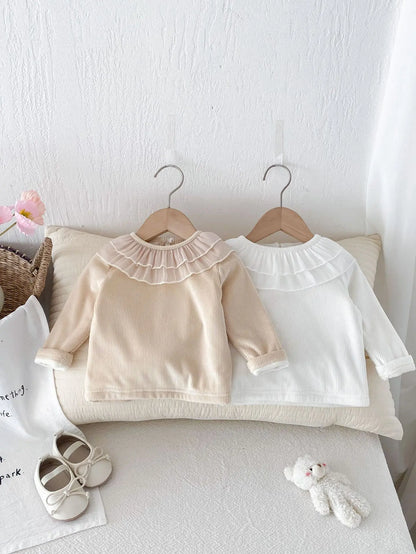 長袖Tシャツ ベビートップス ダブルラッフル襟裏フリース長袖Tシャツブラウス【mh0008206】