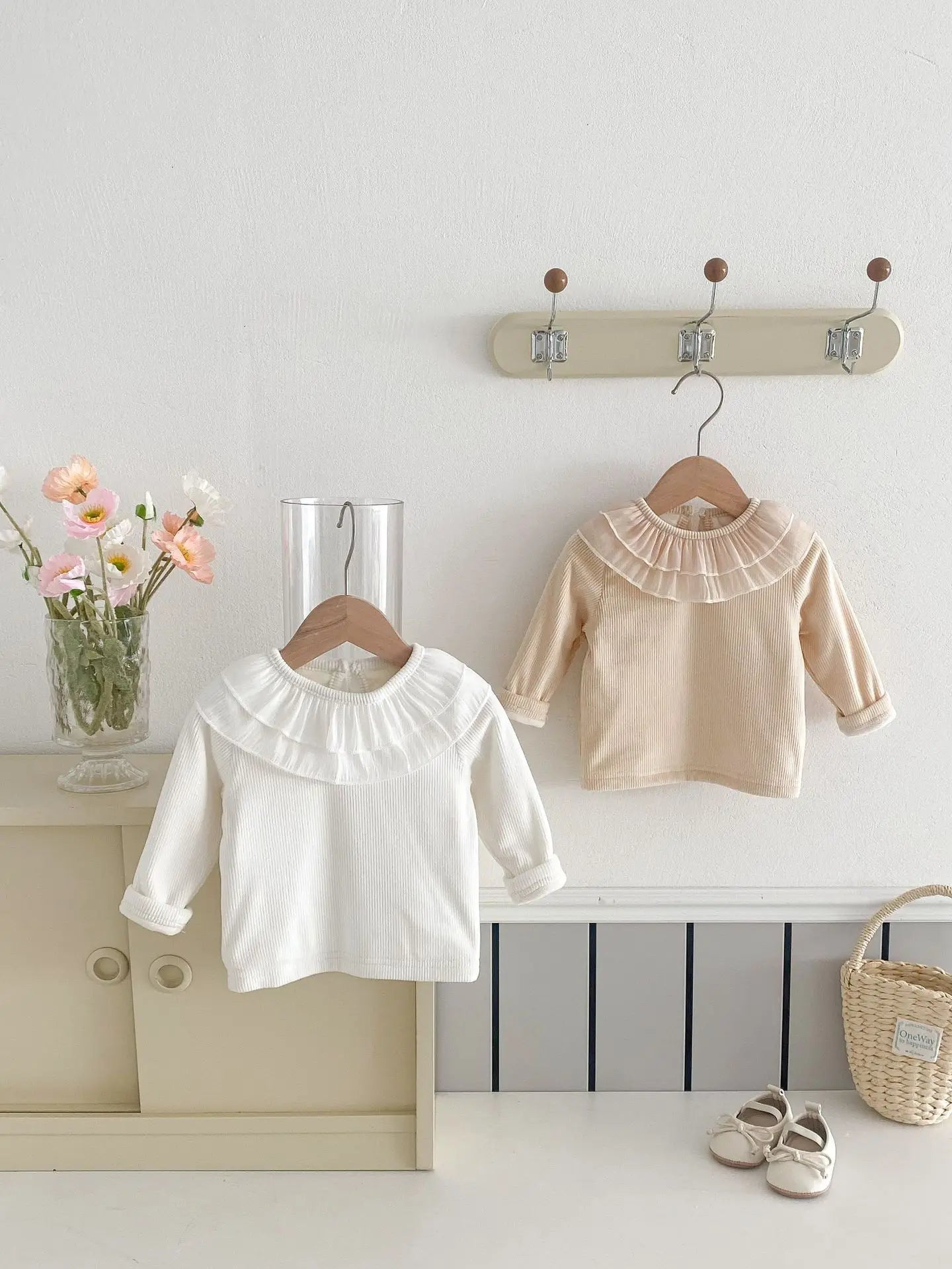 長袖Tシャツ ベビートップス ダブルラッフル襟裏フリース長袖Tシャツブラウス【mh0008206】