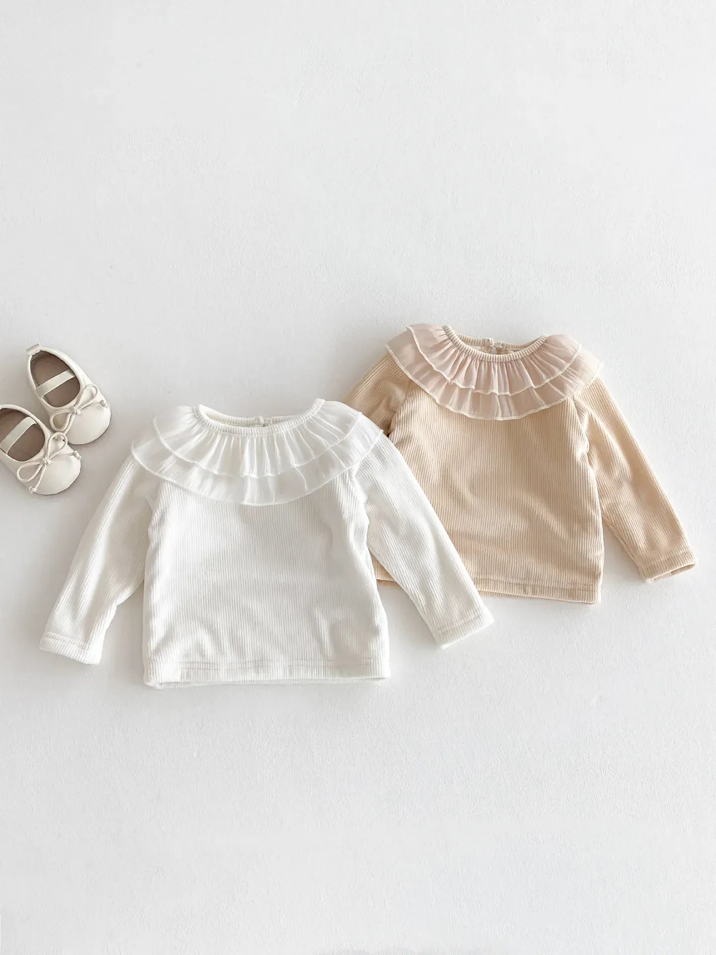 長袖Tシャツ ベビートップス ダブルラッフル襟裏フリース長袖Tシャツブラウス【mh0008206】