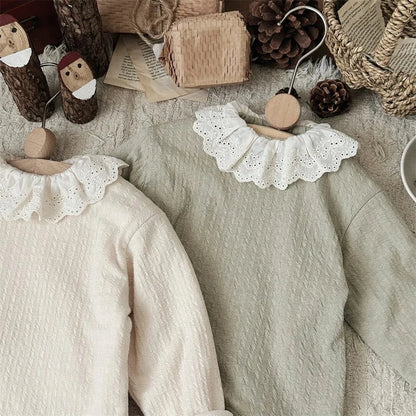 長袖Tシャツ ベビートップス レースラッフル襟裏フリース長袖Tシャツ【mh0008492】