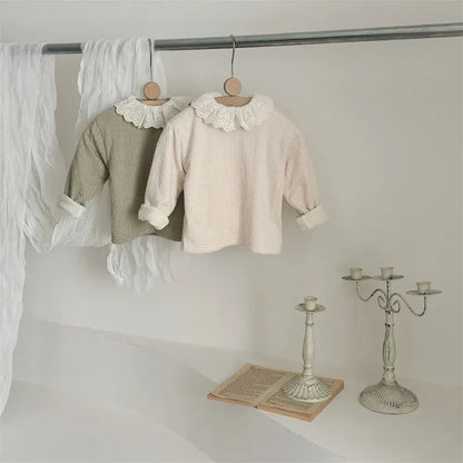 長袖Tシャツ ベビートップス レースラッフル襟裏フリース長袖Tシャツ【mh0008492】