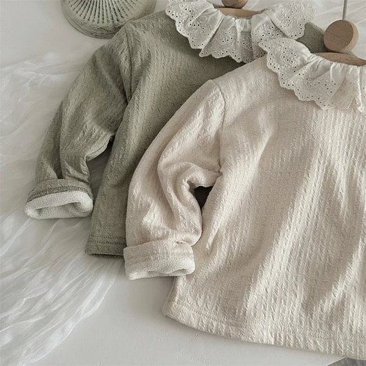 長袖Tシャツ ベビートップス レースラッフル襟裏フリース長袖Tシャツ【mh0008492】